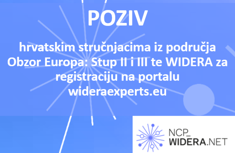Poziv hrvatskim stručnjacima iz područja Obzor Europa: Stup II i III te WIDERA za registraciju na portalu wideraexperts.eu 